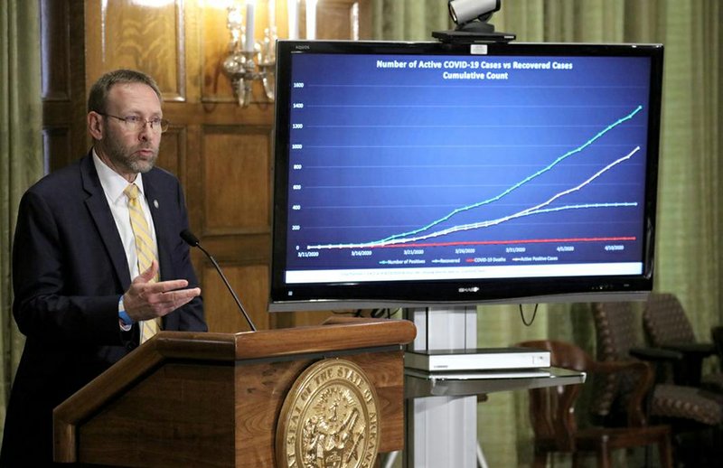 Dr. Nate Smith, secretary of the Arkansas Department of Health, shows statistics on the covid-19 outbreak at Little Rock on Monday. More photos at arkansasonline.com/414gov/
(Arkansas Democrat-Gazette/John Sykes Jr.)