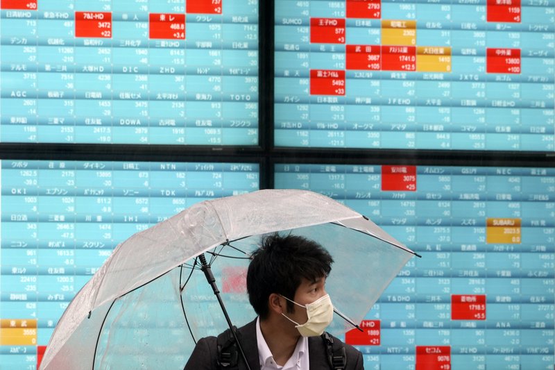 A man with a protective mask stands in the rain in front of an electronic stock board showing Japan's Nikkei 225 index at a securities firm in Tokyo Monday, April 13, 2020. Asian shares fell Monday amid absence of fresh news after U.S. markets were closed for Good Friday and European, Australian and Hong Kong trading continued to be closed for Easter holidays. (AP Photo/Eugene Hoshiko)