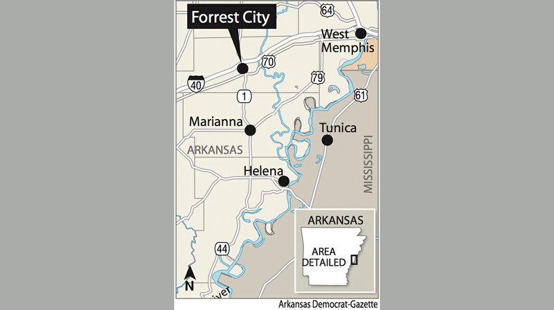 A map showing the location of Forrest City. 