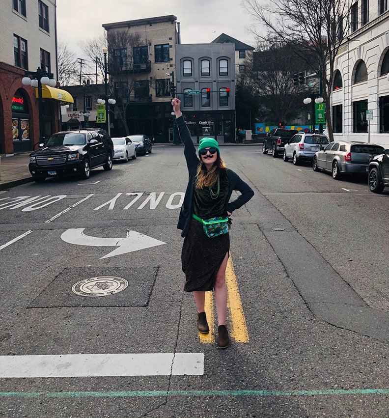 First Ever 17th Annual World's Shortest St. Patrick's Day Parade co-organizer Alexis Hampo "marches" on Bridge Street on March 17 after the parade was canceled due to COVID-19 concerns. - Submitted photo