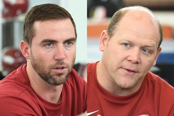 Arkansas coordinators Kendal Briles (left) and Barry Odom are shown Thursday, Feb. 6, 2020, in Fayetteville. 