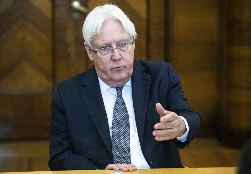 FILE - In this July 1, 2019 file photo, United Nations Special Envoy to Yemen Martin Griffiths speaks during his meeting with Russian Foreign Minister Sergey Lavrov in Moscow, Russia. (AP Photo/Pavel Golovkin, File)