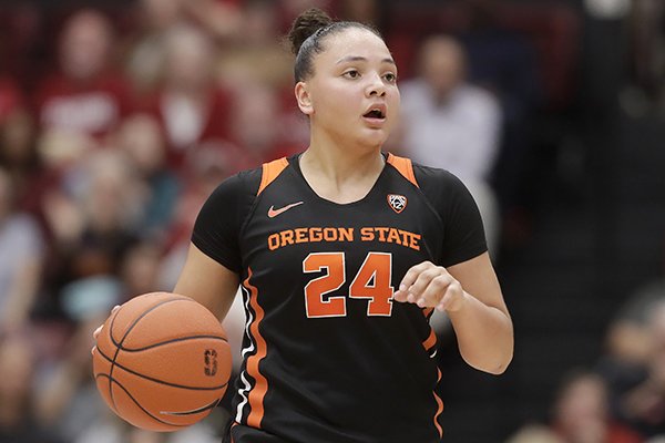 Oregon State guard Destiny Slocum (24) against Stanford during NCAA college basketball game in Palo Alto, Calif., Friday, Feb. 21, 2020. (AP Photo/Jeff Chiu)


