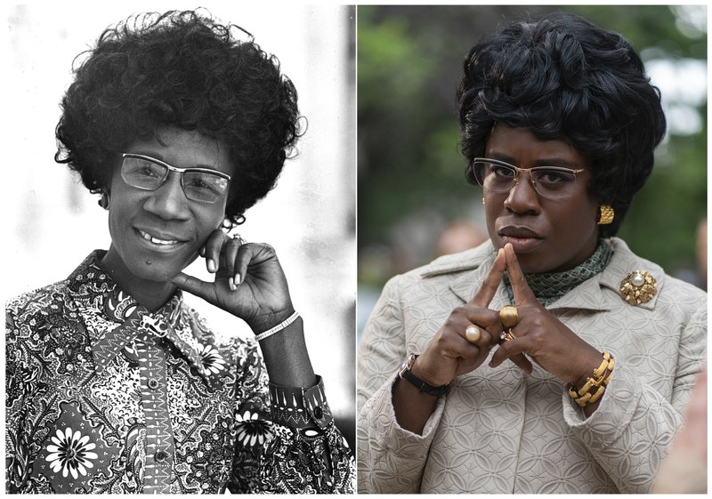 This combination photo shows Shirley Chisholm, D-N.Y., the first black woman elected to Congress and an outspoken advocate for women and minorities in this 1971 file photo, left, and actress Uzo Aduba as Shirley Chisholm in a scene from the miniseries &quot;Mrs. America,&quot; an FX original series premiering April 15 on Hulu. (AP Photo, left, and Sabrina Lantos/FX via AP)