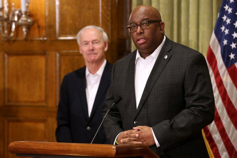 Dexter Payne, director of the Arkansas Department of Corrections, talks about how the ADC is separating inmates with covid-19 at the Cummins Unit during the daily press briefing on Sunday, April 19, 2020, at the state Capitol. 
