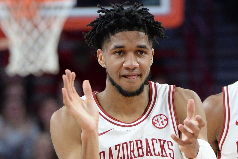 Arkansas guard Isaiah Joe celebrates a 3-point basket Friday, Feb. 21, 2020, during the first half of play against Missouri in Bud Walton Arena in Fayetteville. 