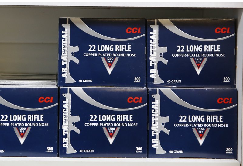 FILE - In this June 11, 2019, file photo, boxes of .22-caliber ammunition are displayed for sell at the Foothill Ammo store in Shingle Springs, Calif. A federal judge on Thursday, April 23, 2020, blocked a California law requiring background checks for people buying ammunition, ruling the restrictions violate the constitutional right to bear arms. U.S. District Judge Roger Benitez of San Diego ruled in favor of the California Rifle & Pistol Association, which asked him to stop the checks and related restrictions on ammo sales. (AP Photo/Rich Pedroncelli, File)