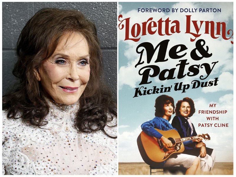 This combination photo shows Loretta Lynn posing for a photo at the Municipal Auditorium in Nashville, Tenn. on Feb. 10, 2016, left, and the cover image for her book &quot;Me &amp; Patsy Kickin&#x2019; Up Dust: My Friendship with Patsy Cline,&quot; which was released on Tuesday, April 7. (Photo by Donn Jones/Invision/AP, left, and Grand Central via AP)