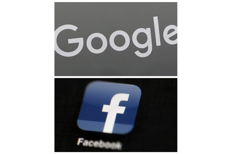 FILE - This combination of file photos shows a Google sign and the Facebook app. The reduced advertising triggered by past recessions often triggers layoffs and other cutbacks at long-established publishers and broadcasters trying to offset lost sales. But this downturn may be so severe that digital advertising pillars Google and Facebook may for the first time have to contend with their own revenue shrinking as marketing budgets shrivel. (AP Photo/File)