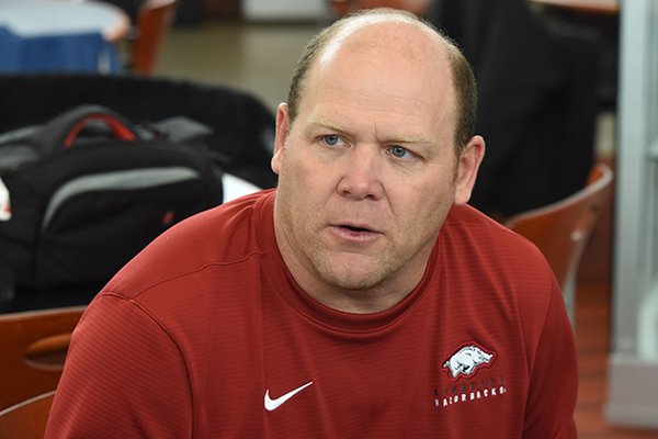 Arkansas defensive coordinator Barry Odom is shown during an interview Thursday, Feb. 6, 2020, in Fayetteville.