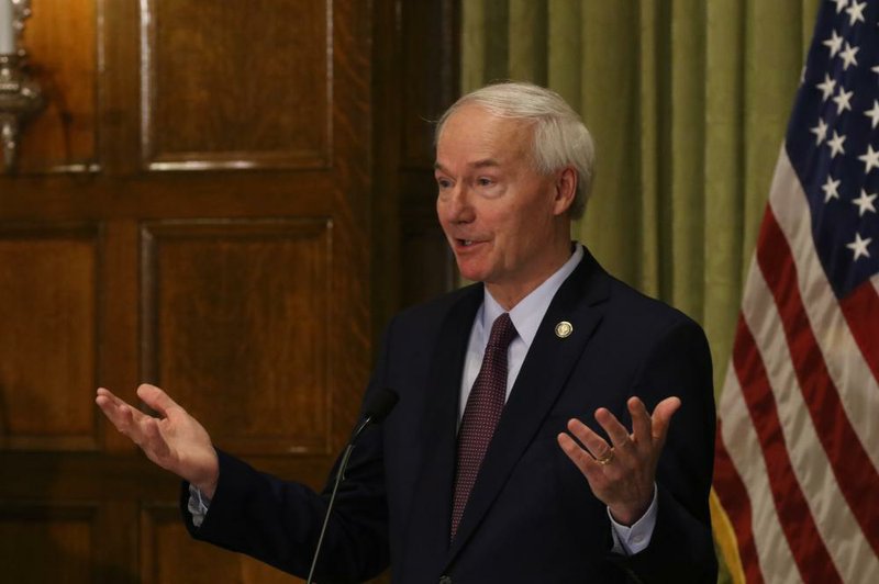Gov. Asa Hutchinson answers a question during the daily covid-19 press briefing on Wednesday, April 29, 2020, at the state Capitol in Little Rock. (Arkansas Democrat-Gazette/Thomas Metthe)