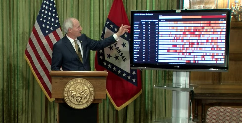 Gov. Asa Hutchinson speaks to reporters Thursday in Little Rock in this screen grab of video provided by the governor's office. 