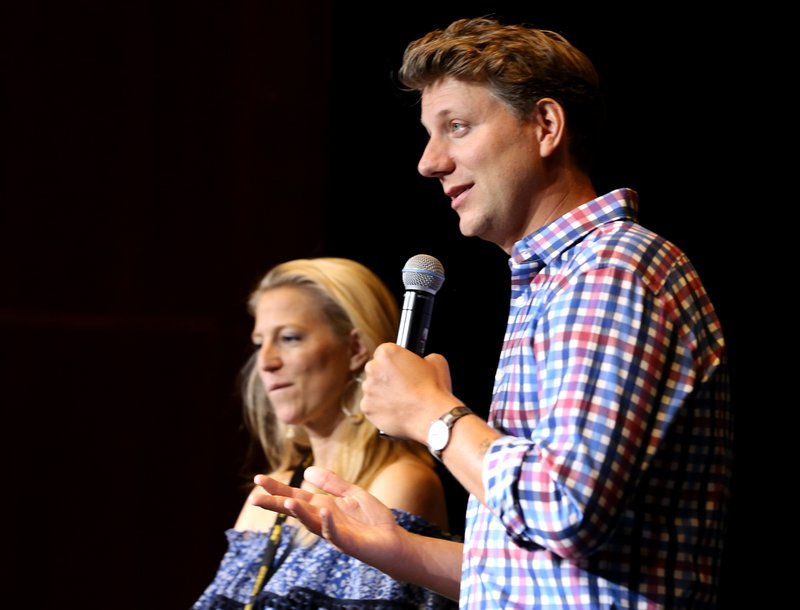 Filmmaker Jeff Nichols (right), a Little Rock native with Arkansas Cinema Society executive director Kathryn Tucker during a screening on Saturday, Aug. 26, 2017, at the Ron Robinson Theater in Little Rock.
(Democrat-Gazette file photo)
