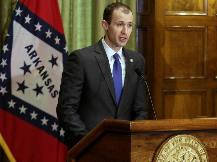 Arkansas Secretary of Commerce Mike Preston talks during a press briefing at the state Capitol in Little Rock in this April 8, 2020, file photo.