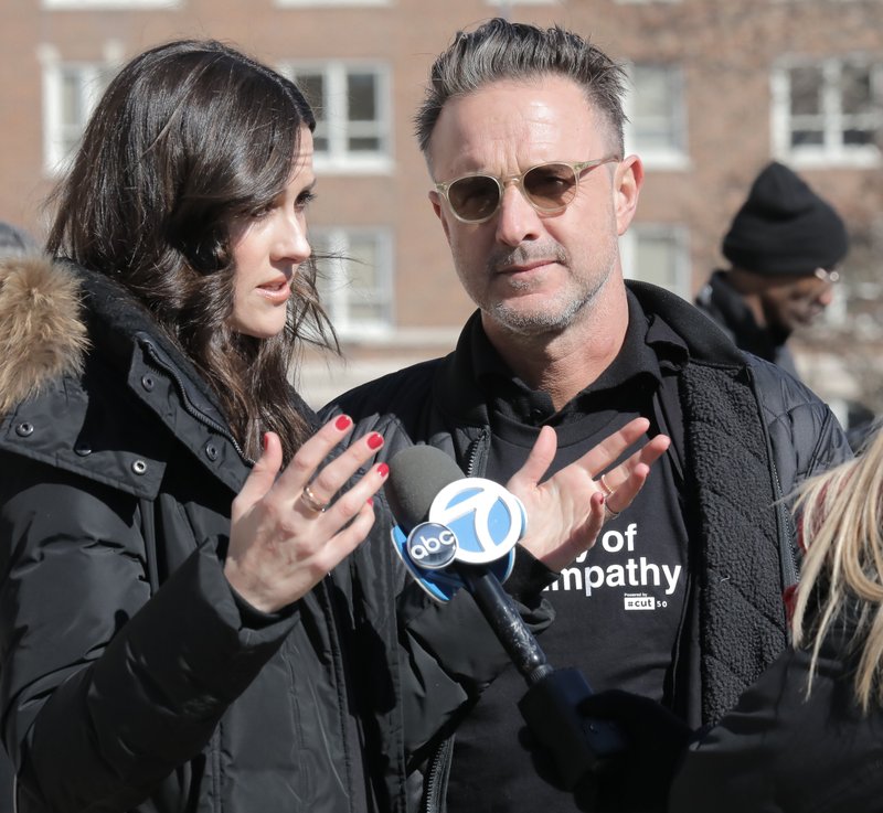 Christina and David Arquette talk about the National Day of Empathy rally on the steps of the state capitol in Little Rock on March 5, 2019. The Arquettes plan to begin filming their latest movie in Trumann in June. 