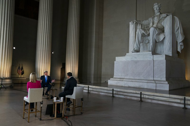 President Donald Trump speaks during a Fox News virtual town hall from the Lincoln Memorial in Washington on Sunday, May 3, 2020.

