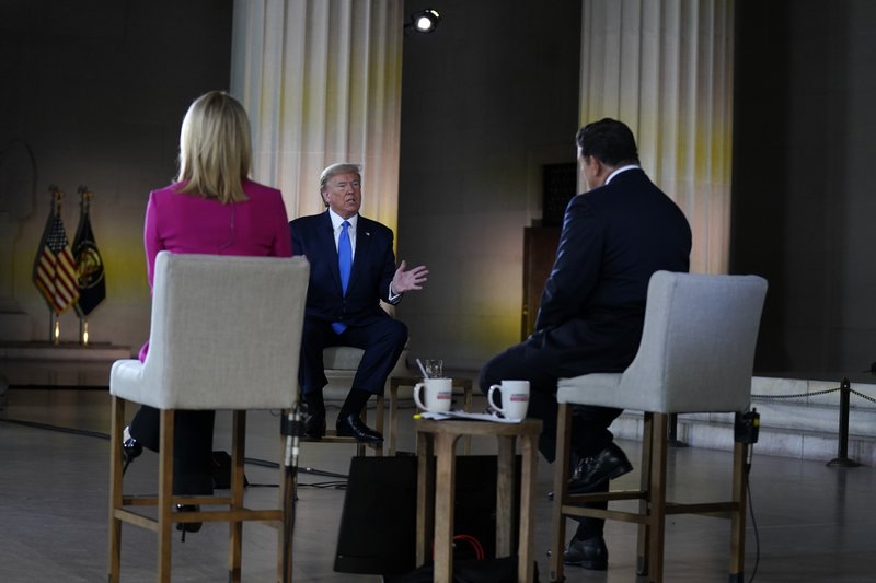 President Donald Trump, speaking with Fox News anchors Martha MacCallum (left) and Bret Baier during Sunday’s virtual town hall from the Lincoln Memorial in Washington, expressed optimism about the U.S.’ ability to rebound from the coronavirus pandemic.
(AP/Evan Vucci)