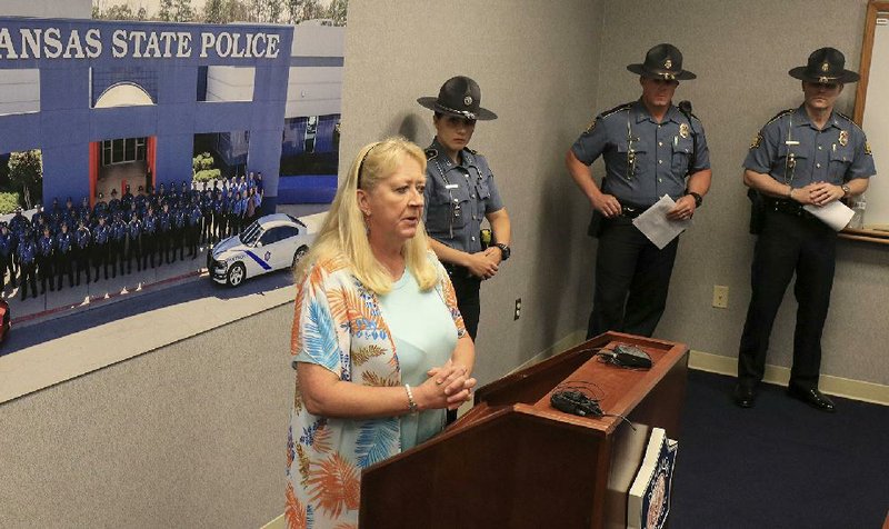 Anita Campbell, the sister of Ervin Brendel, speaks Tuesday at Arkansas State Police headquarters in Little Rock about her brother’s death. It’s believed that Brendel died after being struck by a vehicle while he was running along the highway near U.S. 70 and Harris Road. Campbell’s family and the state police are asking for help to solve the case. (Arkansas Democrat-Gazette/Staton Breidenthal) 