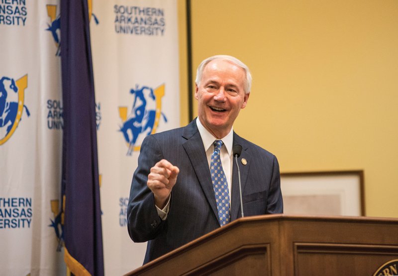 Arkansas Gov. Asa Hutchinson speaks during a 2018 appearance at Southern Arkansas University. 