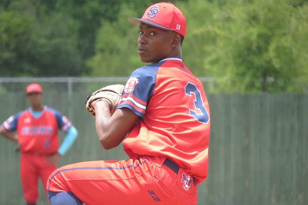 Markevian Hence of Watson Chapel, shown while pitching for the Arkansas Sticks, is one of the Razorbacks' highest-rated signees in the class of 2020.