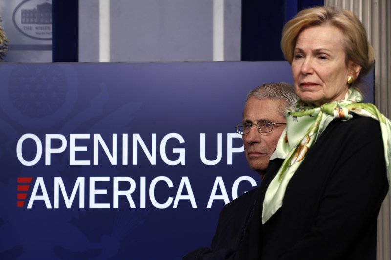  In this April 16, 2020, file photo, Dr. Anthony Fauci, director of the National Institute of Allergy and Infectious Diseases, and Dr. Deborah Birx, White House coronavirus response coordinator, listen during a briefing about the coronavirus in the James Brady Press Briefing Room of the White House in Washington. The Trump administration has shelved a set of detailed documents created by the nation's top disease investigators meant to give step-by-step advice to local leaders deciding when and how to reopen mass transit, day care centers, restaurants, bars and other public places during the still-raging pandemic. (AP Photo/Alex Brandon, File)