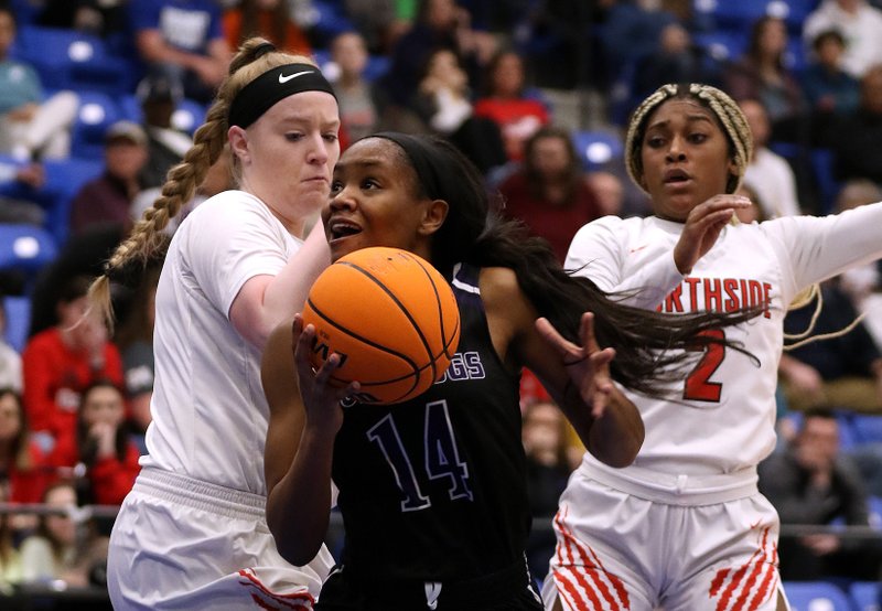 FILE -- Fayetteville's Coriah Beck (14) goes up for a shot between Fort Smith NorthsideÕs Tracey Bershers (24) and Eriel West (2) during the second quarter of Fayetteville's 55-53 win over Fort Smith Northside in the Class 6A basketball state semifinal on Saturday, March 7, 2020, in Bryant.
(Arkansas Democrat-Gazette/Thomas Metthe)