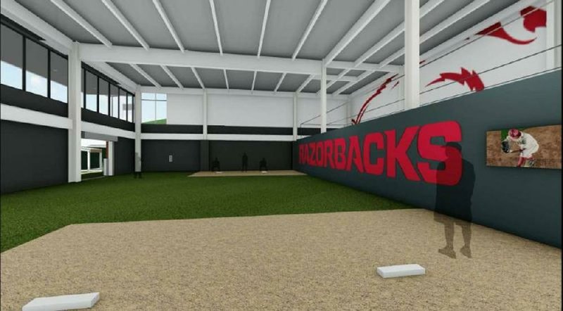 An artist rendering shows the inside of the Razorbacks’ new $27 million Hunt Family Baseball Performance Center, scheduled to open next year. Arkansas was ranked No. 1 among programs with the best facilities for player development in a Baseball America survey of 90 college head coaches.
(Rendering courtesy of University of Arkansas)