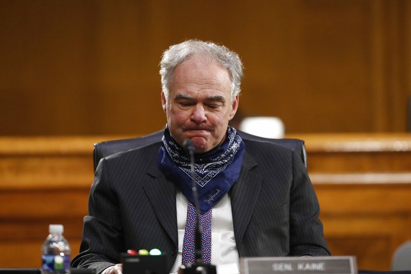 Sen. Tim Kaine, D-Va., listens during a Senate Health, Education, Labor and Pensions Committee hearing on new coronavirus tests on Capitol Hill in Washington on Thursday, May 7, 2020.