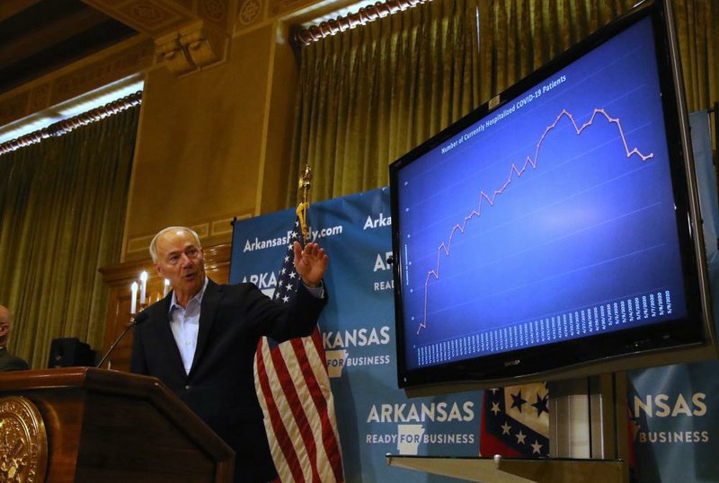 Gov. Asa Hutchinson shows a chart with the average of covid-19 cases during the daily covid-19 briefing on Saturday, May 9, 2020, at the state Capitol in Little Rock. 
(Arkansas Democrat-Gazette/Thomas Metthe)