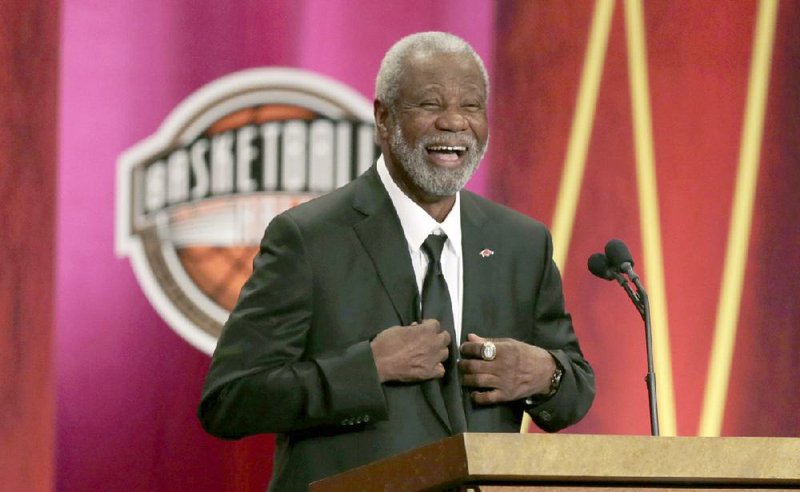 Former University of Arkansas head coach Nolan Richardson addresses a gathering during his enshrinement ceremony for the Basketball Hall of Fame in Springfield, Mass., Friday, Aug. 8, 2014. Richardson lead Arkansas to the 1994 National Championship and to three Final Four appearances in 1990. 1994 and 1995. (AP Photo/Charles Krupa)