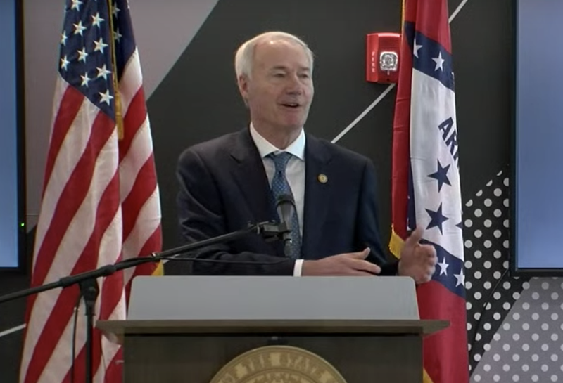 Gov. Asa Hutchinson speaks Monday at a news conference in El Dorado.