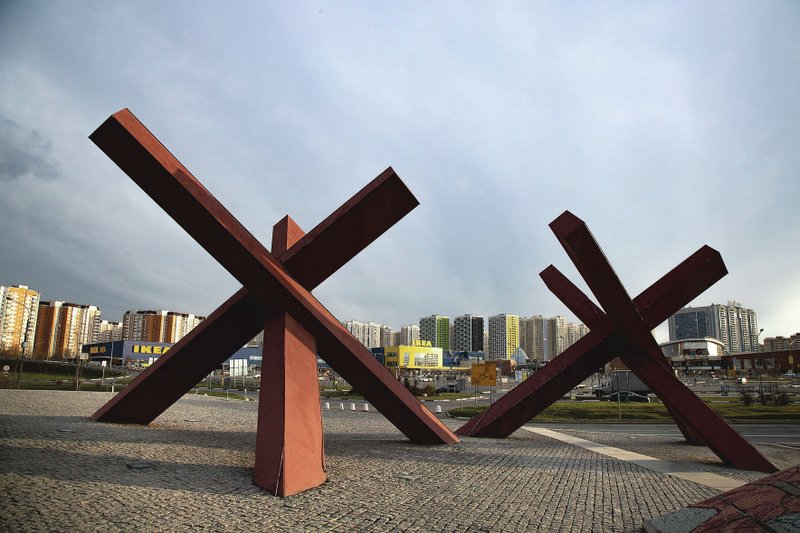 A World War II monument featuring giant anti-tank traps is seen April 30 on the outskirts of Moscow. The memorial often perplexes first-time visitors to the capital -- the steel beams resembling giant children's jacks set in the middle of the highway leading from Sheremetyevo Airport. They mark the approximate point of the closest advance of Nazi forces on the capital. (AP/Alexander Zemlianichenko)