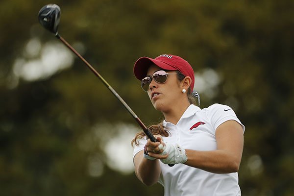 Former Arkansas golfer Maria Fassi is shown during the Augusta National Women's Amateur golf tournament on Saturday, April 6, 2019, in Augusta, Ga. Fassi is among the golfers whose academic scores helped Arkansas' women's team earn public recognition from the NCAA for the 2018-19 school year. (AP Photo/David Goldman)