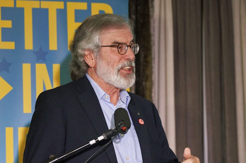 Former Sinn Fein leader Gerry Adams speaks during a meeting in Dundalk, at the border between Britain's Northern Ireland and the European Union member Republic of Ireland, in this Oct. 3, 2019, file photo.