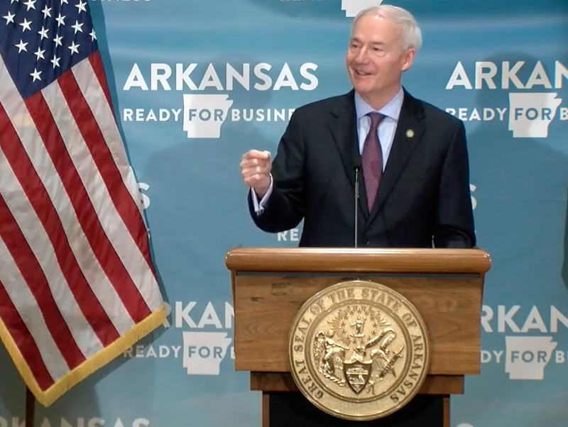 Arkansas Gov. Asa Hutchinson speaks in Little Rock on Wednesday in this screen grab of video provided by the governor's office. 
