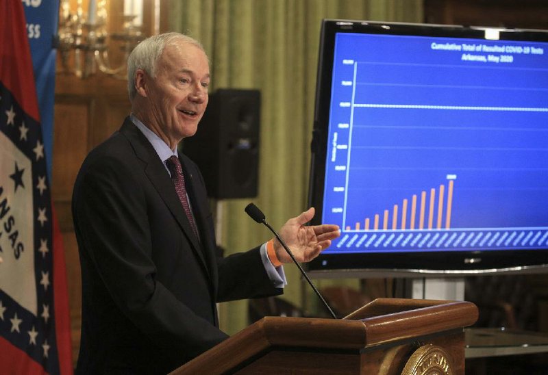 Gov. Asa Hutchinson speaks Wednesday May 13, 2020 during his daily covid-19 briefing at the state Capitol in Little Rock. See more photos at arkansasonline.com/514governor/. (Arkansas Democrat-Gazette/Staton Breidenthal)