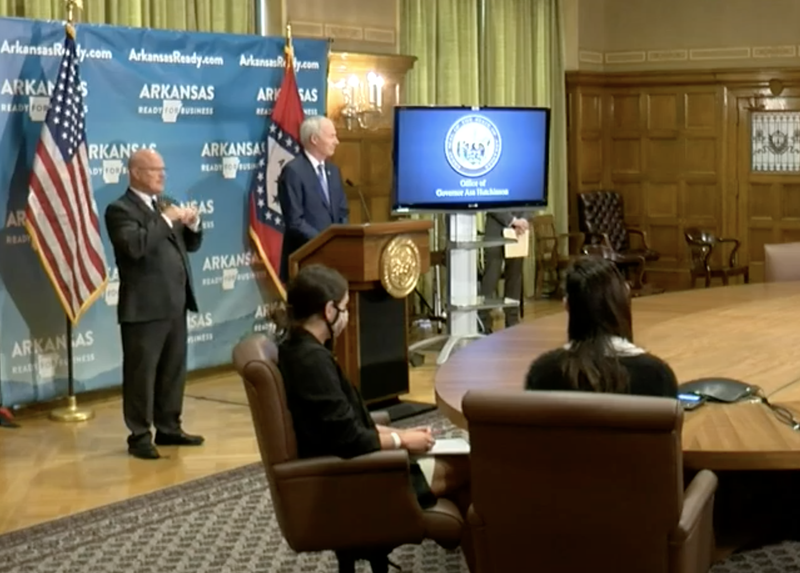 Gov. Asa Hutchinson speaks Thursday during his daily coronavirus news conference.