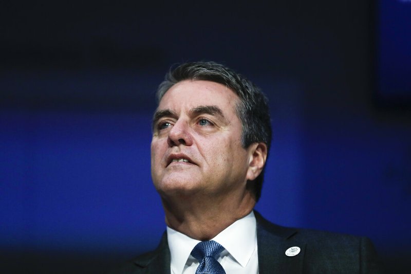 FILE - In this Thursday, Jan. 24, 2019 file photo, Roberto Azevedo, Director General of the World Trade Organization, WTO, attends a session at annual meeting of the World Economic Forum in Davos, Switzerland.