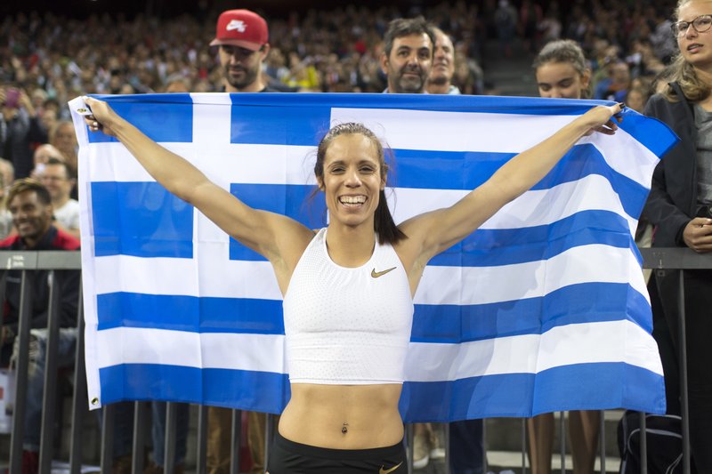 Katerina Stefanidi from Greece celebrates after winning the women's pole vault event during the Aug. 30, 2018, Weltklasse IAAF Diamond League international athletics meeting at Letzigrund stadium in Zurich, Switzerland. Three of the leading women's pole vaulters will take their turn to compete in the second edition of the Ultimate Garden Clash. Katerina Stefanidi of Greece, Katie Nageotte of the United States and Alysha Newman of Canada will participate in the event but won't be competing in their backyards since they don't have the equipment at home. They will instead be at nearby training facilities. - Ennio Leanza/Keystone via The Associated Press 