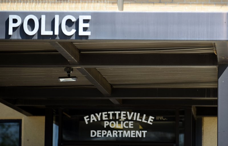 The former Fayetteville Police Department entrance Friday, April 10, 2020. (NWA Democrat-Gazette/David Gottschalk)