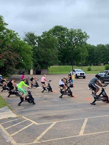 HealthWorks members participate in the Les Miles RPM group fitness class on Wednesday, May 13. The gym re-started group fitness classes on Monday, May 11, after reopening the facility on May 6.
