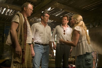 Sophie Sheridan (Amanda Seyfried) wonders if Bill Anderson (Stellan Skarsgard, from left), Sam Carmichael
(Pierce Brosnan), or Harry Bright (Colin Firth) might be her father in this still from the film "Mamma Mia!" The South Arkansas Arts Center has announced the postponement of their planned production of the stage musical version of "Mamma Mia!" until next July.