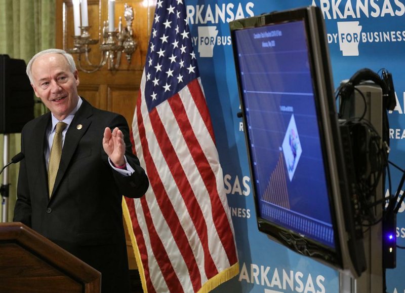 FILE — Gov. Asa Hutchinson speaks to reporters during his daily briefing at the Capitol in Little Rock in this May 15 file photo.
(Arkansas Democrat-Gazette/John Sykes Jr.)