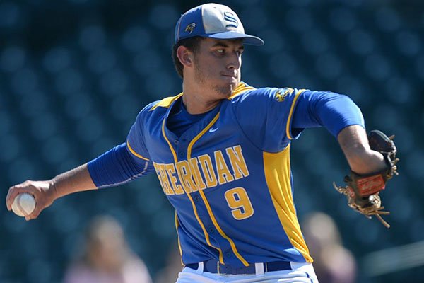 Sheridan starter Tyler Cacciatori (9) delivers to the plate against Benton Friday, May 17, 2019, in the Class 5A state championship game at Baum-Walker Stadium in Fayetteville.