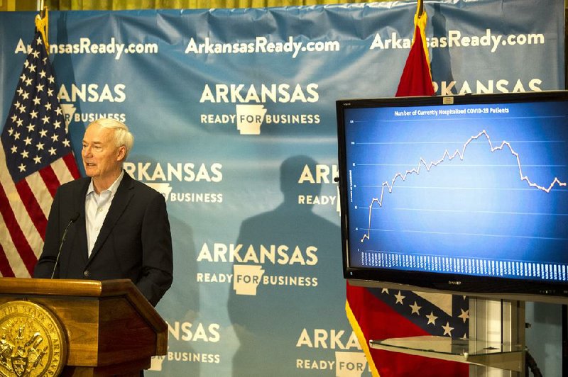 Gov. Asa Hutchinson says Saturday, May 16, 2020, that a team was working through the weekend to get the Pandemic Unemployment Assistance system running again after the website had exposed applicants’ private information. More photos at arkansasonline.com/517gov/.
(Arkansas Democrat-Gazette/Stephen Swofford)