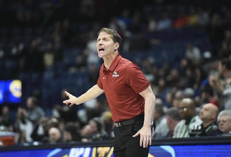 Arkansas head coach Eric Musselman reacts, Wednesday, March 11, 2020 during a basketball game at Bridgestone Arena in Nashville, Tenn. Check out http://nwamedia.photoshelter.com/ for todayÕs photo gallery.
(NWA Democrat-Gazette/Charlie Kaijo)