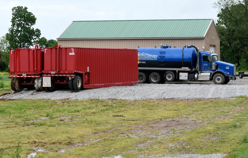 A tanker truck with White River Environmental Services, LLC., is visible Tuesday, May 12, 2020, at the Bethel Heights Lincoln Street Waste Water Treatment Plant system in Bethel Heights. Check out nwadg.com/photos for a photo gallery. (NWA Democrat-Gazette/David Gottschalk)