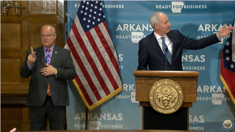 Gov. Asa Hutchinson speaks about coronavirus response during a news conference Tuesday, May 19, 2020.