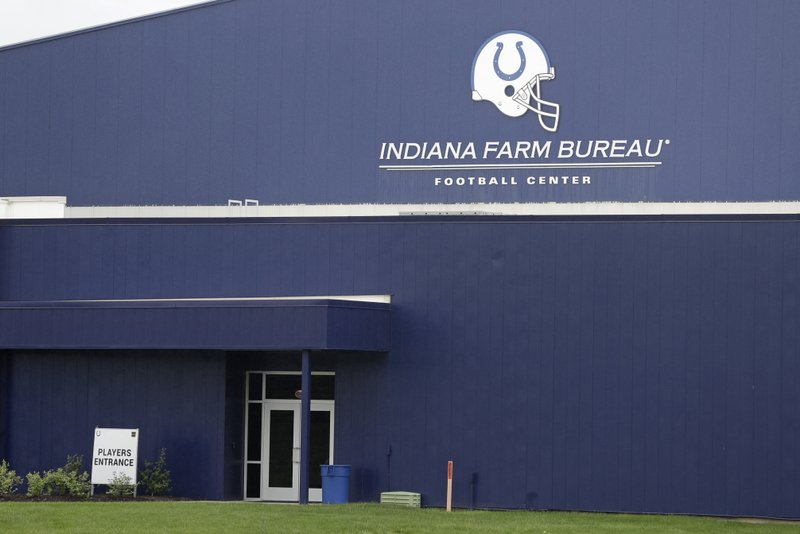 This is the players entrance of the Indianapolis Colts training facility, Tuesday, May 19, 2020, in Indianapolis. Coaching staffs and all players except those undergoing injury rehabilitation are barred from the facilities in the first phase of the league's plan. (AP Photo/Darron Cummings)