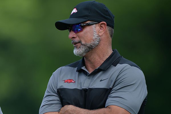 Arkansas men's golf coach Brad McMakin is shown Friday, May 24, 2019, on the 16th fairway during the first day of play in the Men's NCAA Golf Championships at Blessings Golf Club in Johnson.